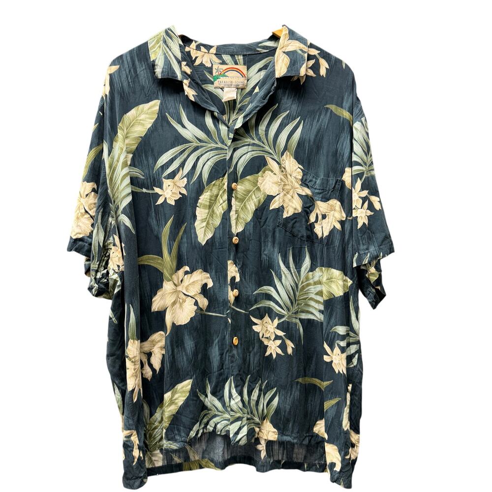 Paradise Found Hawaiian Shirt Mens 2XL‎ Teal Button Up Made in Hawaii Vintage